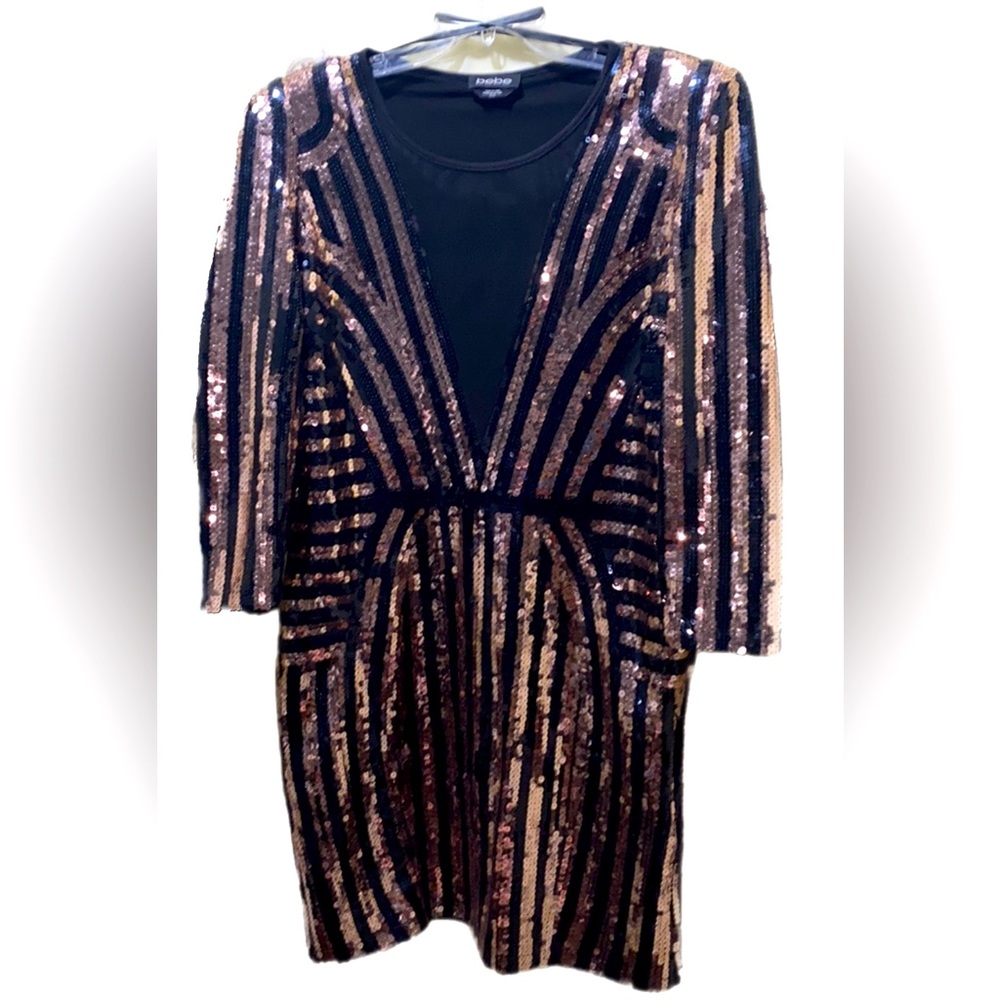 BEBE SEQUIN BRONZE/BLACK SHEER V-NECKLINE LONG SLEEVE DRESS SX XL